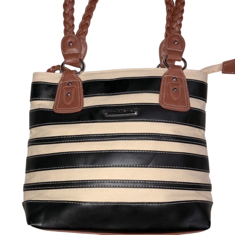 Stone Mountain Striped Canvas Braided Strap Shoulder Bag Black Cream Womens OS